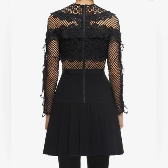 Self-Portrait Black Bellis Lace and Crepe Ruffled Mini Dress - Picture 2 of 10